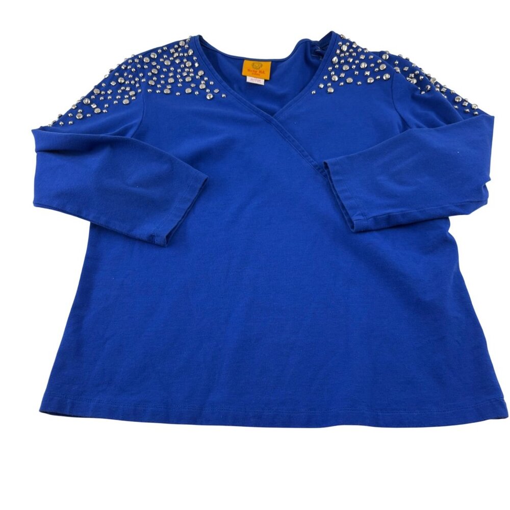 Ruby Rd. Petite Blue Top With Studded Shoulders sz PM‎ Knit